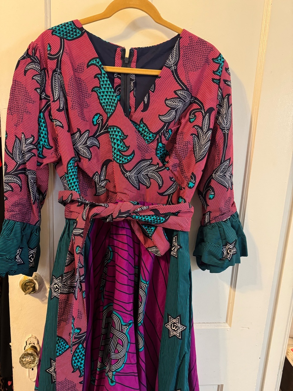Handmade Pink & Teal Printed Long-Sleeve Wrap Dress